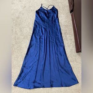 House of Harlow 1960 Strappy Open Back High Slit Satin Maxi Navy Dress Size XL